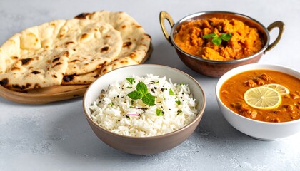 A vibrant food composition of Indian cuisine. Featuring fluffy naan, fragrant rice, and rich curry dishes in serving bowls