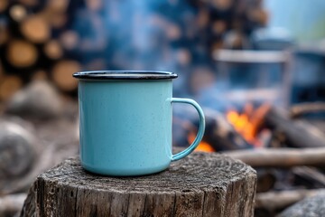Light teal enamel mug on a stump, campfire in background