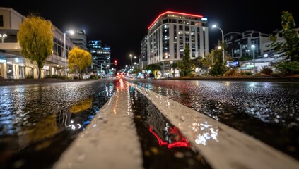 City street at night, wet road, lights reflecting