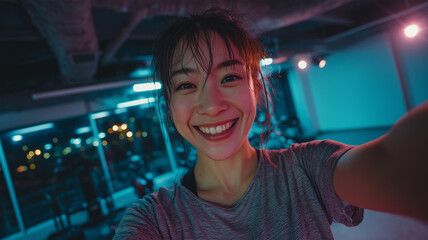 女性が夜のジムで都会のネオンを背景に明るく自撮りする