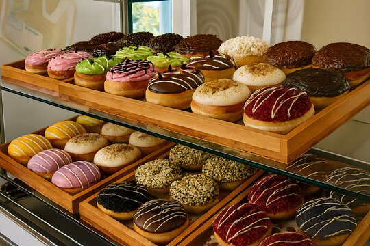 Assorted donat display in wooden trays