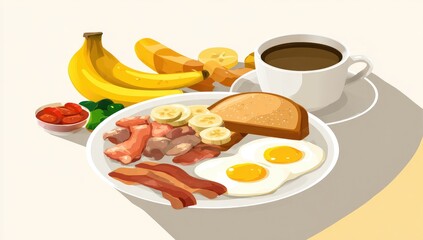 Colorful breakfast platter with bananas, bacon, eggs, toast, and coffee
