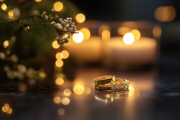 Golden wedding rings illuminated by candlelight create a romantic and festive atmosphere