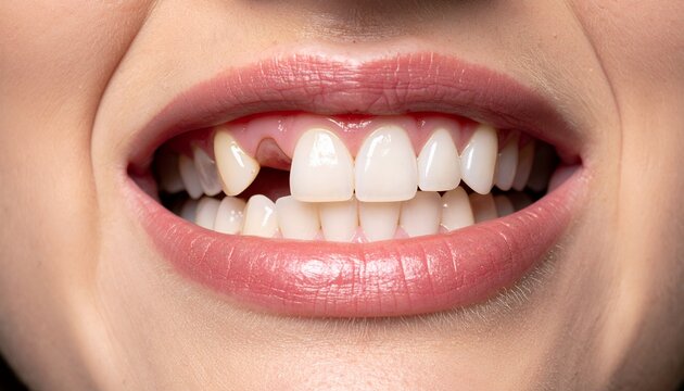 Close-up of a womans mouth with a missing front tooth, showing the gap and surrounding teeth.