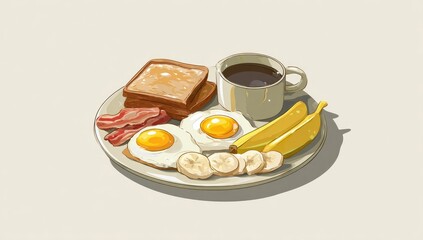 Plate of breakfast toast, eggs, bacon, bananas, and coffee