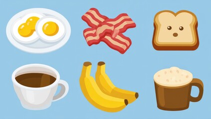 Cartoon breakfast items eggs, bacon, toast, coffee, bananas, and a beverage