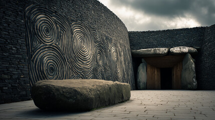 Newgrange stone entrance with spiral carvings.