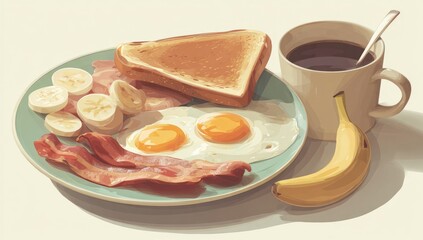 Breakfast platter with toast, eggs, bacon, bananas, and coffee
