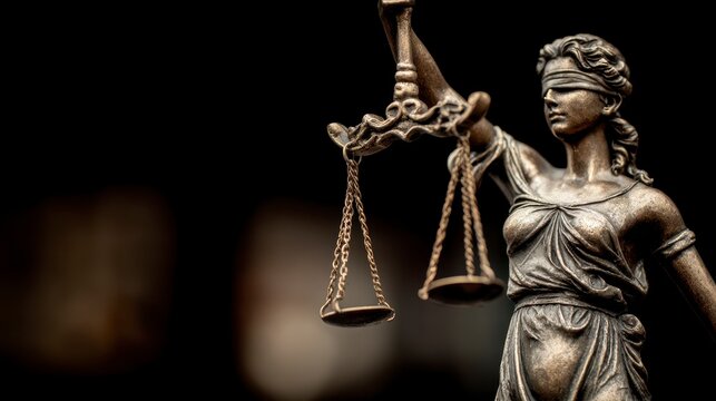Close-up of a bronze statue of Lady Justice, blindfolded, holding scales, against a dark, blurred background