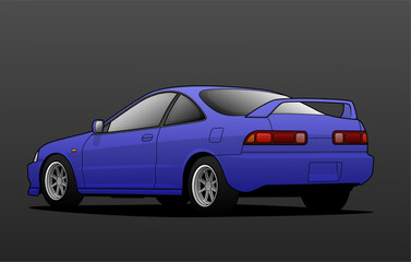 Blue sports coupe car rear angle illustration with spoiler and alloy wheels, ideal for automotive ads and enthusiast content. Clean vector format.