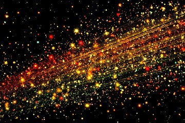 Abstract cosmic explosion. Streaks of light, gold, red, and green glitter on black backdrop
