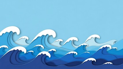 Obraz premium Ocean Waves Paper Cut Style Background with Blue Tones.