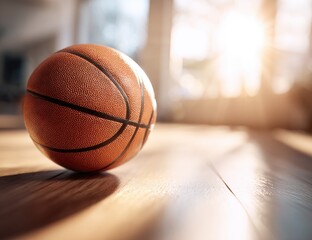 Orange basketball on light wooden floor, sunlit