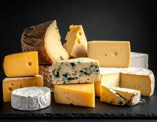 Assortment of Delicious Cheeses on a Dark Background.