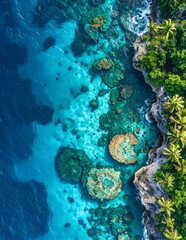 Aerial View of Tropical Island Coastline with Vibrant Turquoise Water and Lush Green Vegetation.