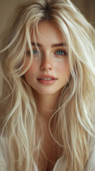 Naklejka premium Portrait of a Beautiful Blonde Woman with Blue Eyes and a Soft Smile on Beige Background