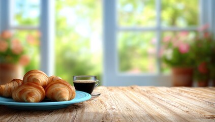 Croissants and coffee on a wooden table, out-of-focus garden view
