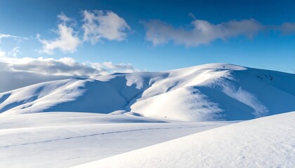 Snow-covered mountain range under a partly cloudy, bright sky