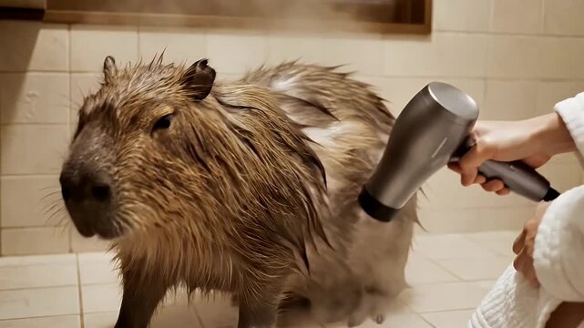 Adorable Capybara Enjoys a Pampering Blow Dry After a Refreshing Bath.