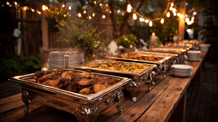 庭のパーティー用ビュッフェで温かい料理が木製テーブル上に並ぶ夕景、人物なし