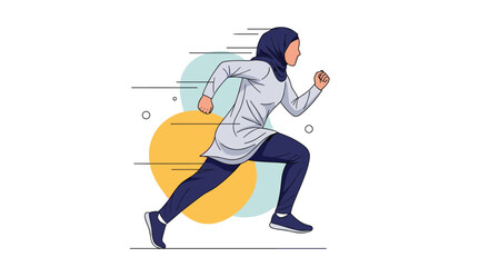 Energetic young woman wearing a traditional blue hijab and sportswear running fast against a modern abstract graphic background.