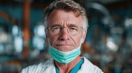 A mature doctor with a surgical mask and lab coat, exuding professionalism and dedication, representing the crucial role of healthcare professionals in maintaining public health.