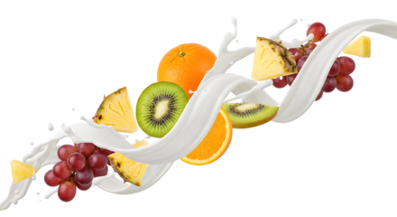 Fruit Fusion in Cream: A captivating shot of various fresh fruits artfully intertwined with a swirl of rich cream, showcasing a delightful and vibrant composition that sparks appetite