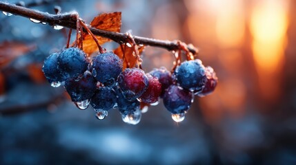 Delicately frosted berries cling to branches, glistening with droplets of ice, depicting the stark beauty of winter and the resilience of nature's treasures during cold seasons.