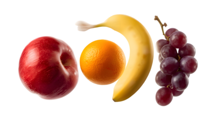 Fresh Fruit Medley: A vibrant composition of fresh fruits, showcasing a crisp red apple, a juicy orange, a curved banana, and a bunch of succulent grapes.