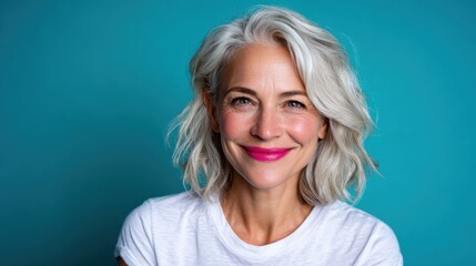 An elegant mature woman with stylish silver hair and bright pink lips smiles confidently against a cheerful blue backdrop, showcasing beauty and confidence at any age.