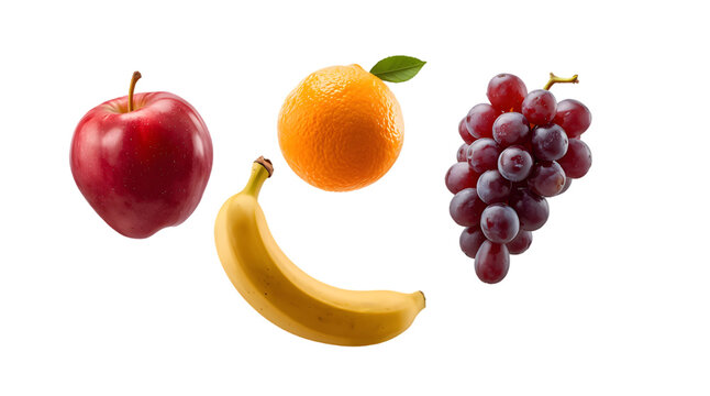 Vibrant Fruits Array: A delightful assortment of fresh, colorful fruits includes a crisp red apple, a juicy orange, a sweet banana, and a cluster of ripe grapes. - Powered by Adobe