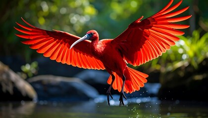 A vibrant red bird with outstretched wings flies over water. The sunlight catches its feathers. Lush greenery forms the background