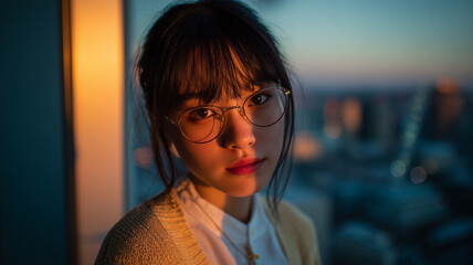 女性が夕焼けの窓際で逆光のリムライトに包まれ集中する表情