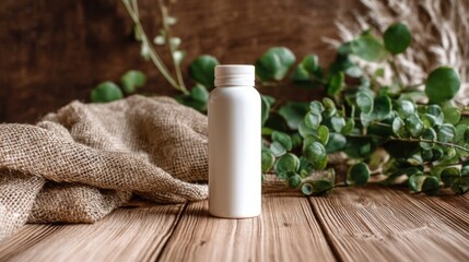 A minimalist white plastic water bottle with a screw-on cap sits on a weathered wooden surface surrounded by green leafy