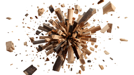 Exploding Firewood: Firewood pieces burst outwards, showcasing the raw energy of nature. The image highlights the beauty and detail of the wood, with focus on texture and composition.