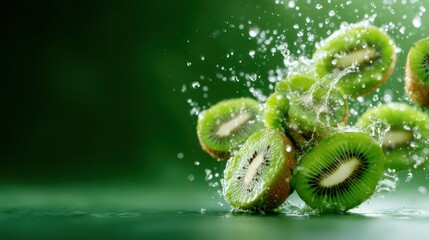 The captivating image showcases fresh kiwi fruits splashing into water, creating droplets that embody freshness and vitality, appealing to health enthusiasts and food lovers alike.