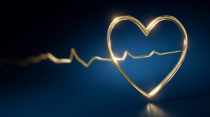 A luminous golden heart outline with an extending electrocardiogram line against a dark blue background