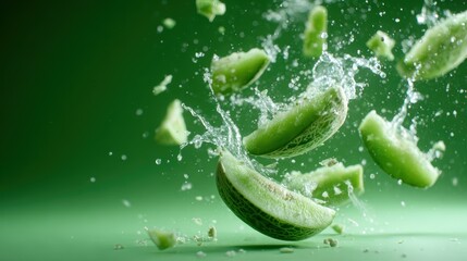 An artistic moment captured in time shows pieces of melon splashing into water, creating a mesmerizing view filled with dynamic movement and fluidity that's visually striking.