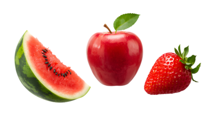Trio of Sweetness: A visually appealing composition featuring a juicy watermelon slice, a vibrant red apple with a fresh green leaf, and a luscious strawberry.