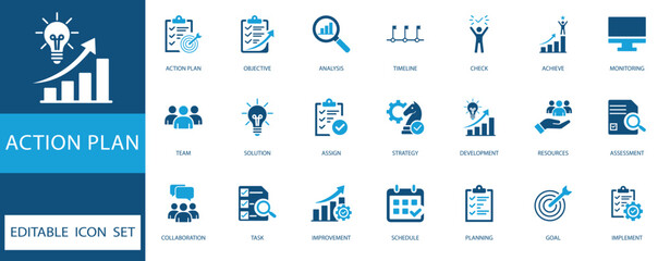 Action plan icon set featuring strategy, goal, management, and project development elements in blue flat style for corporate workflow and success.