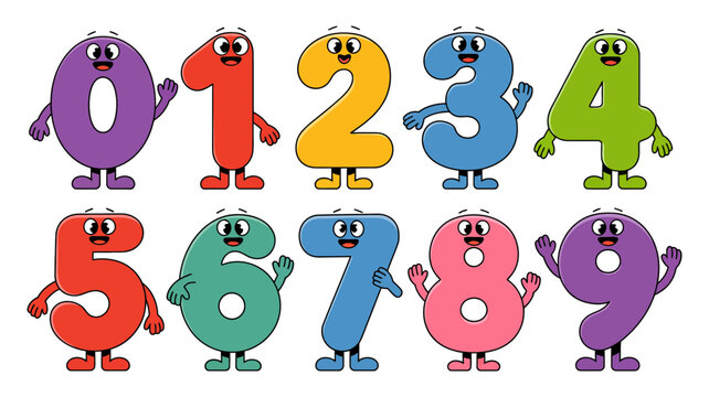 A vibrant collection of friendly cartoon numbers 0-9, perfect for early childhood learning and counting activities