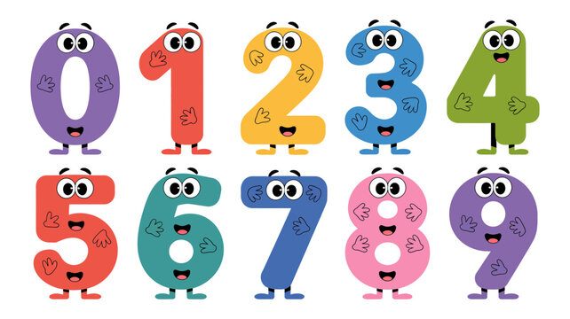 Colorful cartoon numbers 0-9 with funny faces and feet for educational content