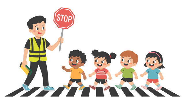A friendly crossing guard helping four happy children safely cross the road at a zebra crossing