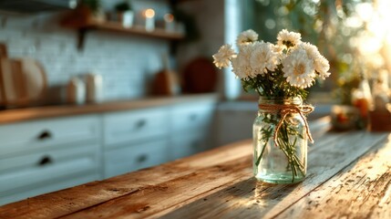 A quaint arrangement of white flowers in a glass vase sits on a rustic wooden table, creating a charming and inviting atmosphere perfect for home decor.