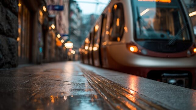A striking image of a train arriving at a rain-soaked platform, capturing the essence of urban life in a mesmerizing evening ambiance filled with reflections and warm lights.