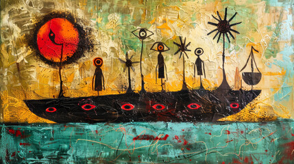 Abstract folk art illustration with symbolic figures and decorative shapes