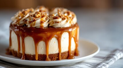 A mouth-watering cheesecake drizzled with caramel sauce and embellished with nuts sits elegantly on a white plate, epitomizing dessert luxury and inviting taste buds with its richness.