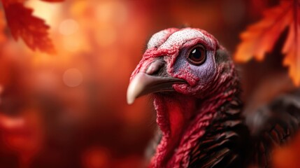 A detailed portrait of a turkey amidst vibrant autumn leaves, symbolizing seasonal change and the beauty of nature in a close-up setting.