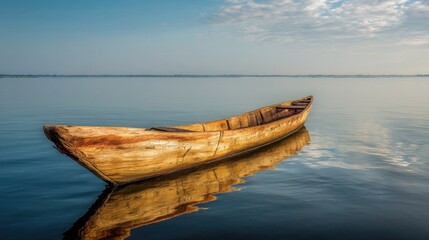 An artisanal wooden boat floats calmly on serene blue waters near the horizon,