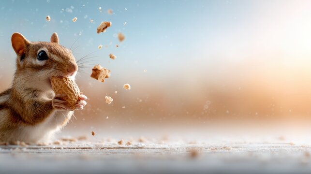 A charming chipmunk clutching a peanut, surrounded by a natural background, captures the essence of foraging and nature's beauty in a delightful, crisp moment. - Powered by Adobe